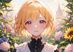 Blondynka w sukience wśród kwiatów w anime