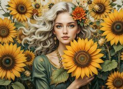 Kobieta, Blondynka, Kwiaty, Żółte, Słoneczniki, Helianthus Annuus, Kwiaty We Włosach, Długie Włosy, Biżuteria, Zielona Sukienka, Tło Roślinne