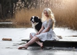 Kobieta, Blondynka, Sukienka, Pies, Border collie, Kładka, Woda, Szuwary