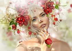 Blondynka z kwiatami we włosach i biedronkami w grafice 2D