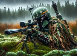 Gra, Star Wars, Bounty Hunter, Zamaskowany, Żołnierz, Boba Fett, Karabin, Trawa, Rośliny
