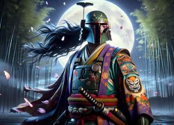 Boba Fett z mieczem na tle księżyca