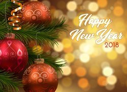 Dekoracja, Świąteczna, Bombki, Gałązki, Napis, Happy New Year 2018, Życzenia, Noworoczne