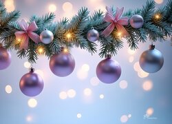 Fioletowe, Bombki, Girlanda, Kokardy, Grafika, Boże Narodzenie