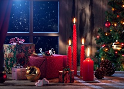 Boże Narodzenie, Świece, Prezenty, Okno, Choinka, Święta