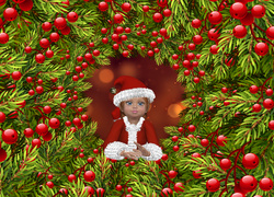 Bożonarodzeniowa grafika z laleczką wśród gałązek z czerwonymi jagódkami