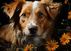 Brązowy pies i pomarańczowe kwiaty