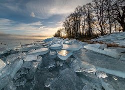 Bryły lodu na brzegu jeziora