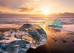 Islandia, Jezioro Jokulsarlon, Bryły, Lód, Zachód słońca