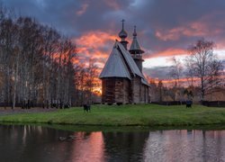 Drewniana, Cerkiew, Rzeka, Drzewa, Brzozy, Kostroma, Rosja