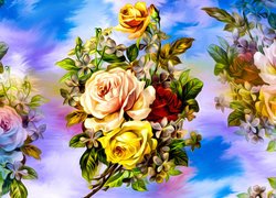 Kwiaty, Róże, Bukiet, Kolorowe, Tło, Grafika