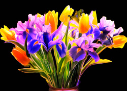 Bukiet irysów i tulipanów w grafice fractalius