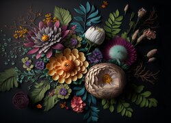 Bukiet kolorowych kwiatów i liści w grafice