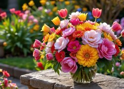 Kwiaty, Kolorowe, Tulipany, Piwonie, Kamelie, Wazon, Bukiet, Ogród, Gerbery, Dalia