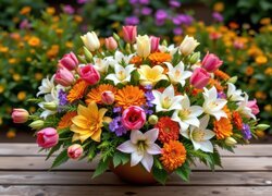 Bukiet kolorowych kwiatów na stole w ogrodzie