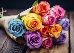 Bukiet kolorowych róż owiniętych w papier