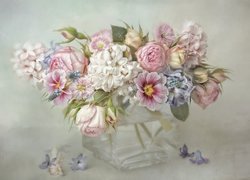 Bukiet, Kwiaty, Róże, Szklany, Wazonik, Paintography