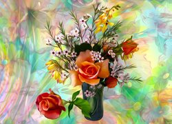Kwiaty, Róże, Bukiet, Wazon, Grafika