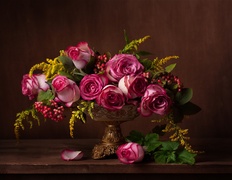 Bukiet, Kwiaty, Róże, Nawłoć pospolita