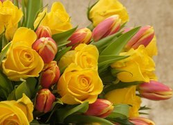 Kwiaty, Żółte, Róże, Tulipany
