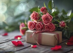 Bukiet róż na pudełku z prezentem
