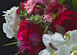 Kwiaty, Bukiet, Róże, Orchidea, Gerbera