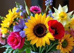 Bukiet różnych kolorowych kwiatów w zbliżeniu