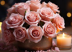 Bukiet różowych róż obok płonącej świeczki
