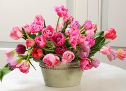 Kwiaty, Bukiet, Tulipany, Kolorowe, Donica