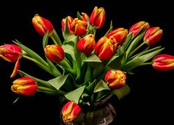 Bukiet tulipanów w wazonie na czarnym tle