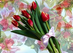 Kwiaty, Tulipany, Bukiet, Kokarda, Grafika