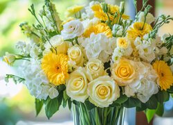 Kwiaty, Róże, Hortensja, Gerbera, Eustoma, Białe, Żółte, Bukiet