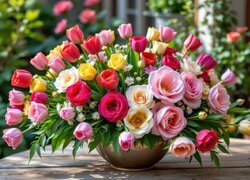 Kwiaty, Tulipany, Róże, Kolorowy, Bukiet, Wazon, Stół, Ogród