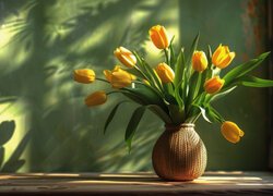 Kwiaty, Żółte, Tulipany, Wazon, Cień, Ściana, Zielona