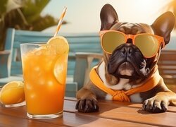 Pies, Okulary, Szal, Drink, Buldog francuski