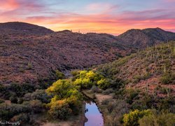 Stany Zjednoczone, Arizona, Góry, Rzeka, Bumble Bee Creek, Zachód słońca, Drzewa