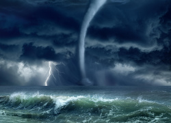 Burza z błyskawicami i tornado nad morzem