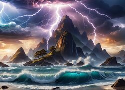 Burza z piorunami nad skałami i morzem