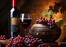 Butelka i kieliszek z winem obok winogron