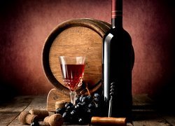 Butelka, Czerwone, Wino, Kieliszek, Korkociąg, Beczka, Stół, Korki