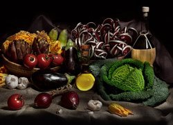 Warzywa, Pomidory, Cebula, Bakłażan, Karczochy, Kapusta, Czosnek, Butelka, Wino