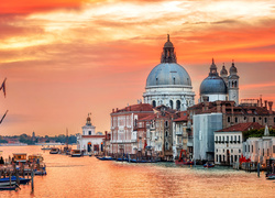  Włochy, Wenecja, Kanał Canal Grande, Bazylika św. Marka, Domy, Zachód słońca