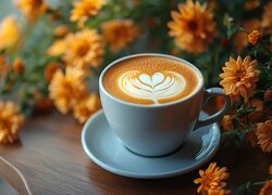 Cappuccino w filiżance obok pomarańczowych kwiatów