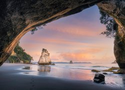 Morze, Wybrzeże, Jaskinia, Cathedral Cove, Skały, Półwysep Coromandel, Region Waikato, Nowa Zelandia