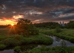 Wschód słońca, Rzeka, Cerkiew, Łąka
