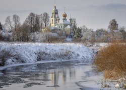Zima, Rzeka, Cerkiew, Drzewa, Śnieg, Rosja