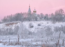 Zima, Poranek, Wzgórze, Cerkiew, Szron, Drzewa, Krzewy, Rośliny