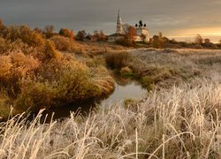 Cerkiew, Domy, Drzewa, Rzeka Lakhost, Oszroniona, Trawa, Osenevo, Obwód jarosławski, Rosja