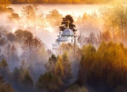 Jesień, Cerkiew, Mgła, Drzewa