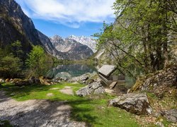 Drewniana, Chata, Drzewo, Góry, Jezioro Konigssee, Park Narodowy Berchtesgaden, Bawaria, Niemcy